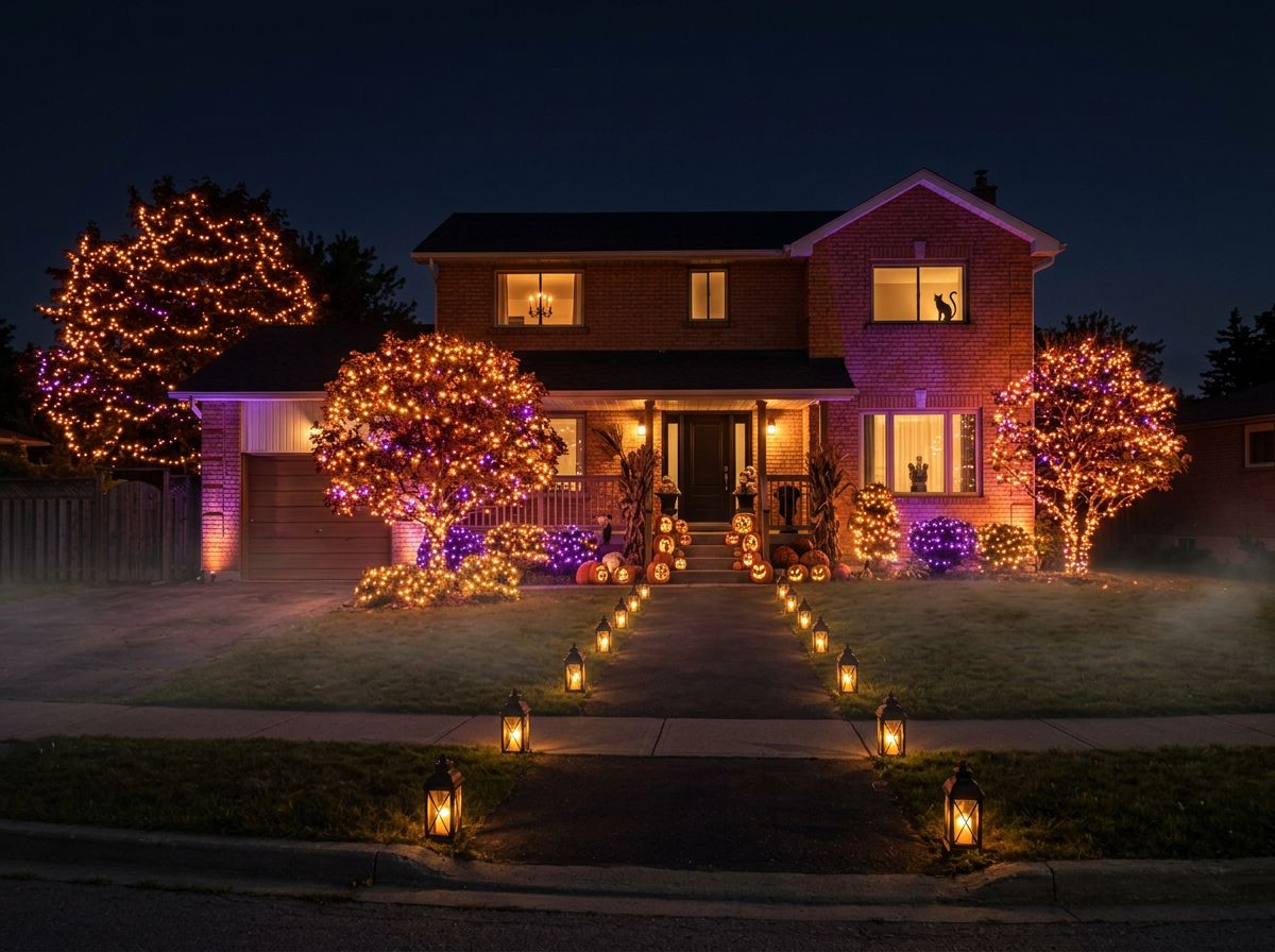 After: elegant Halloween lights and pumpkin decor at night