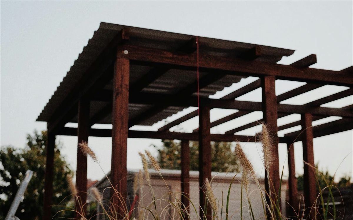 Pergola with tall grasses and backyard planting for outdoor privacy