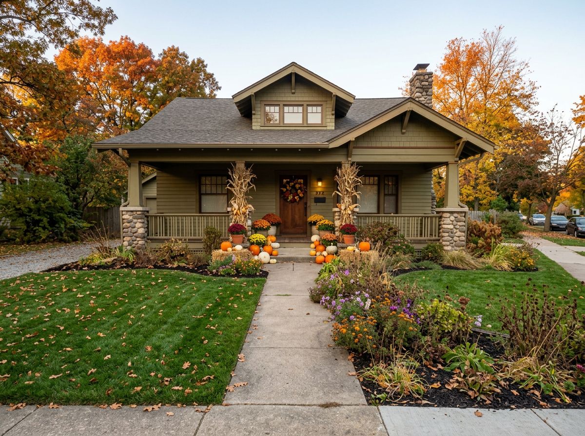 Craftsman house with a fall-ready front yard, pumpkins and mums on the porch and a tidy leaf-dusted lawn