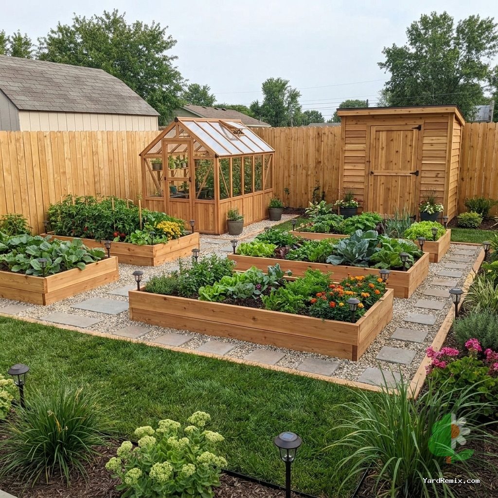 After: the yard remixed into Raised Bed Garden by YardRemix AI