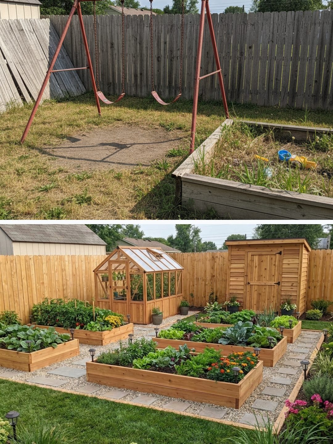 Before and after: yard remixed into Raised Bed Garden with YardRemix AI