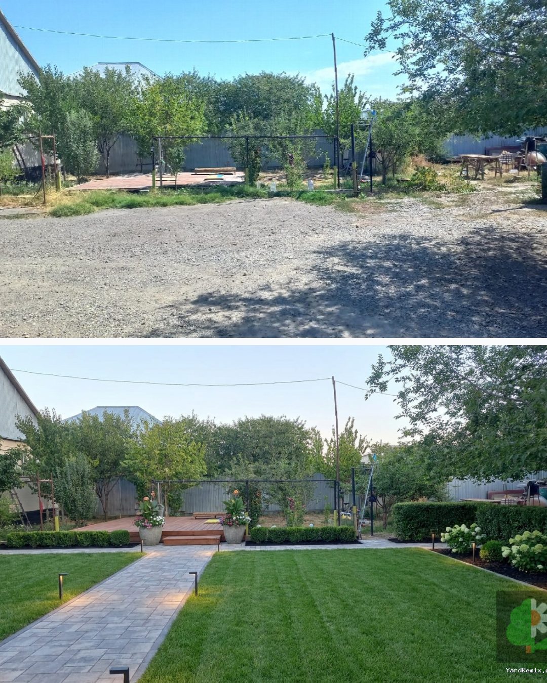 Before and after: yard remixed into Professional Curb Appeal with YardRemix AI