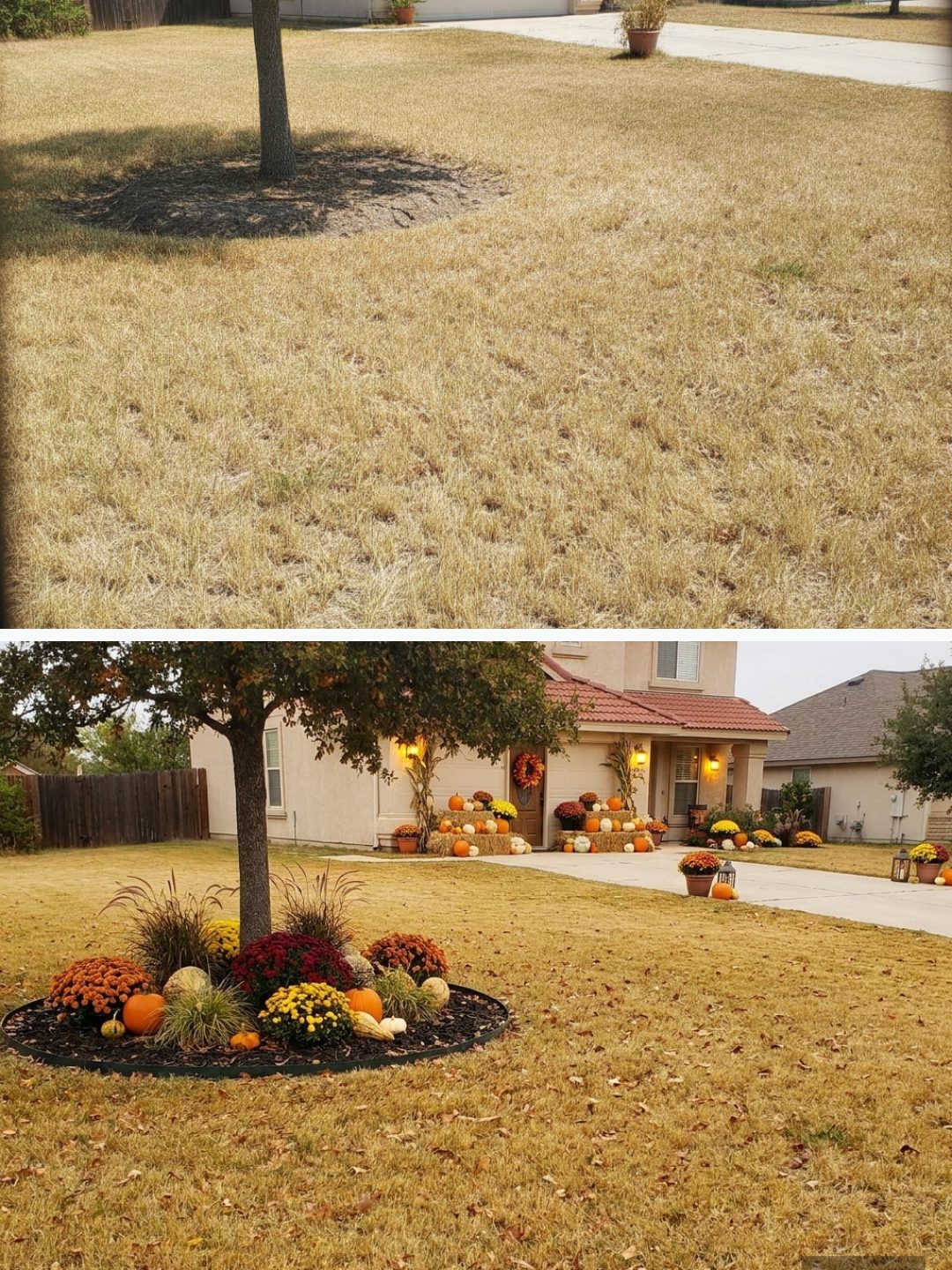 Before and after: yard remixed into Pumpkin Porch with YardRemix AI