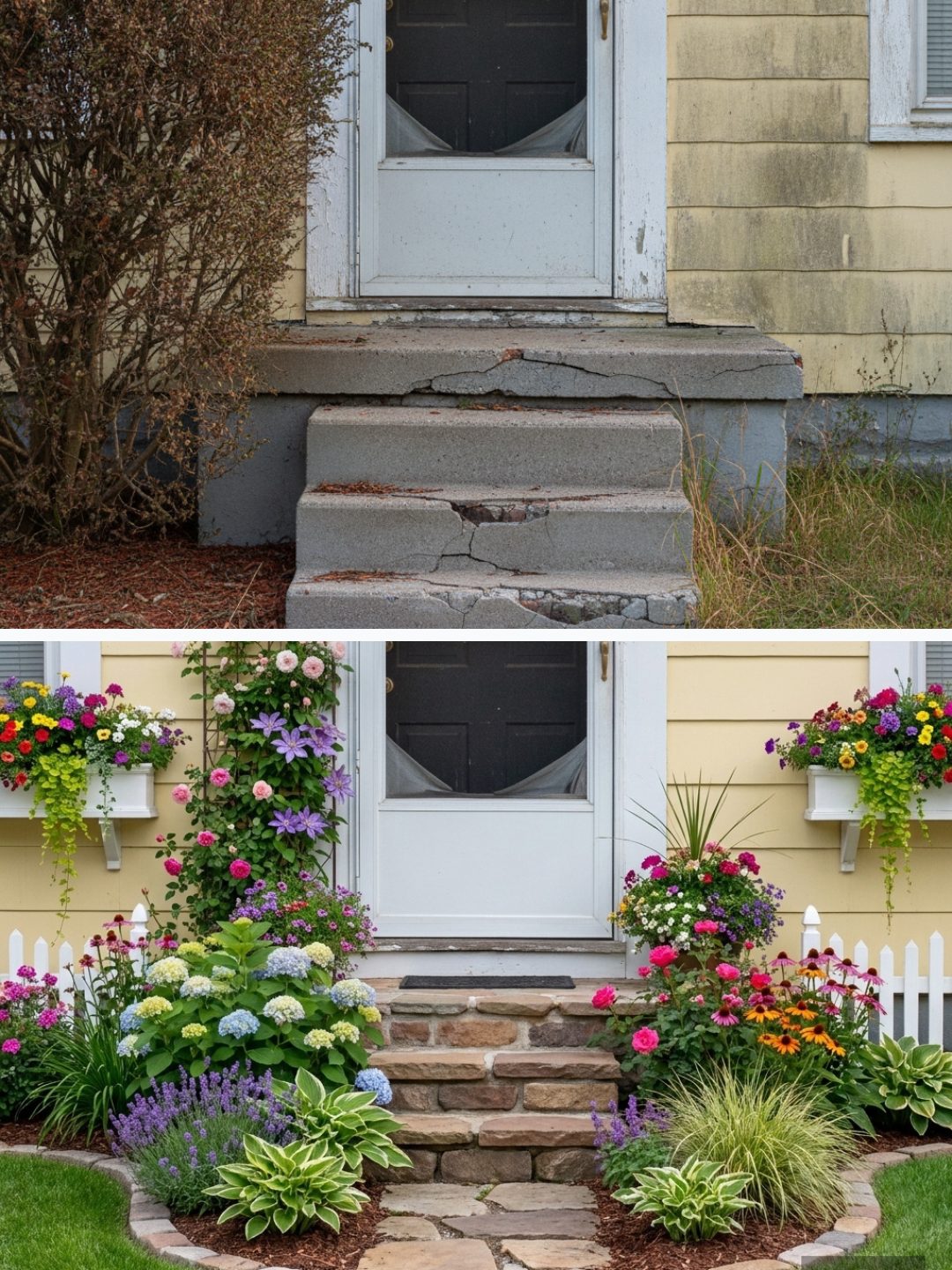 Before and after: yard remixed into Cottage Garden with YardRemix AI