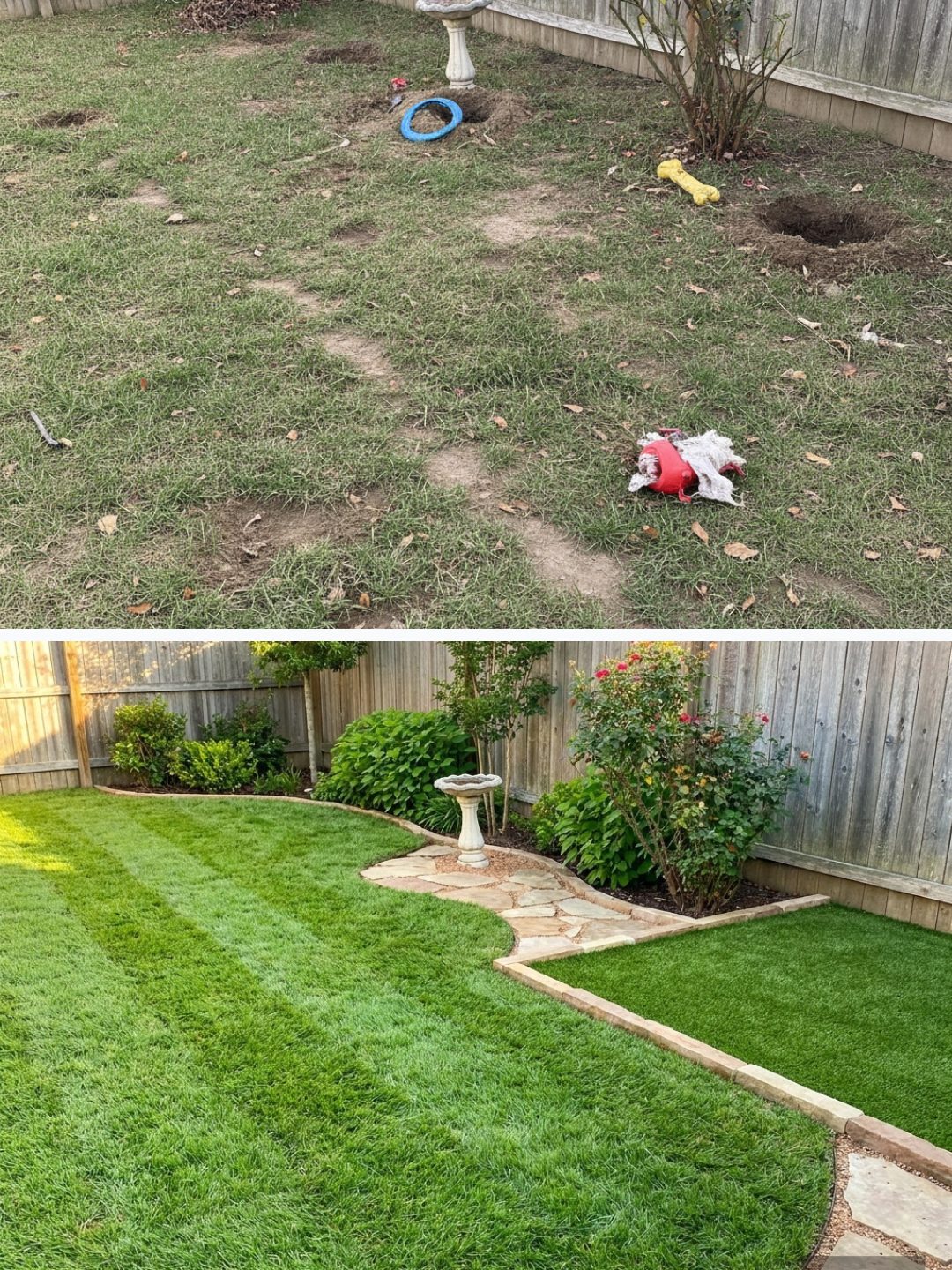 Before and after: yard remixed into AI yard makeover with YardRemix AI