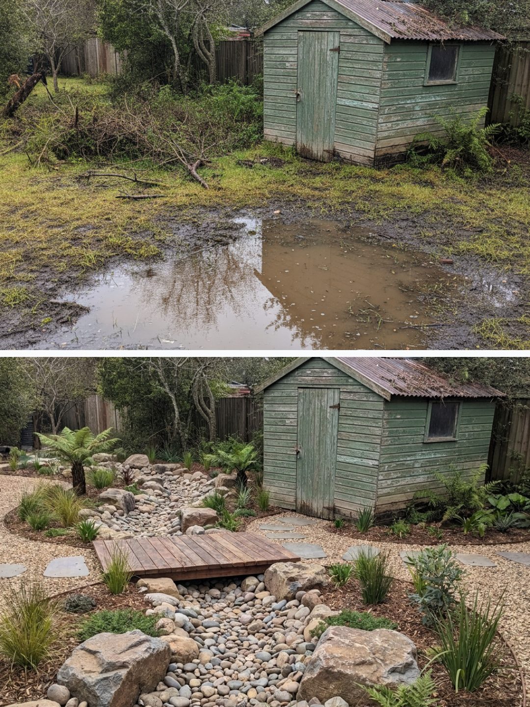 Before and after: yard remixed into Natural Creek with YardRemix AI