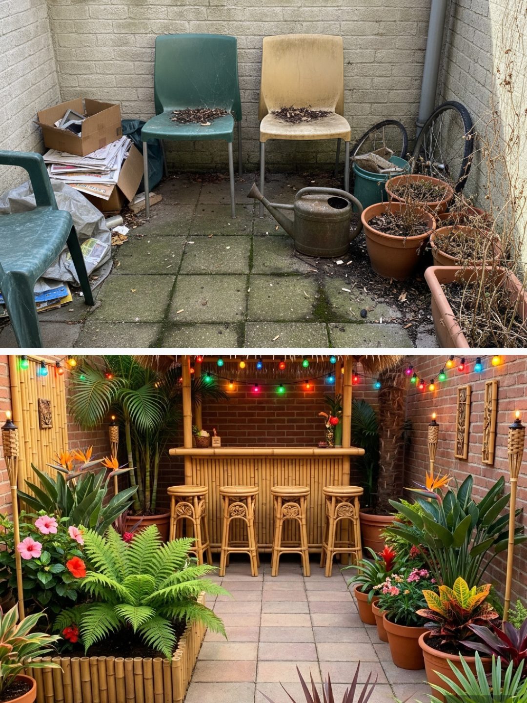 Before and after: yard remixed into Tropical Tiki Bar with YardRemix AI
