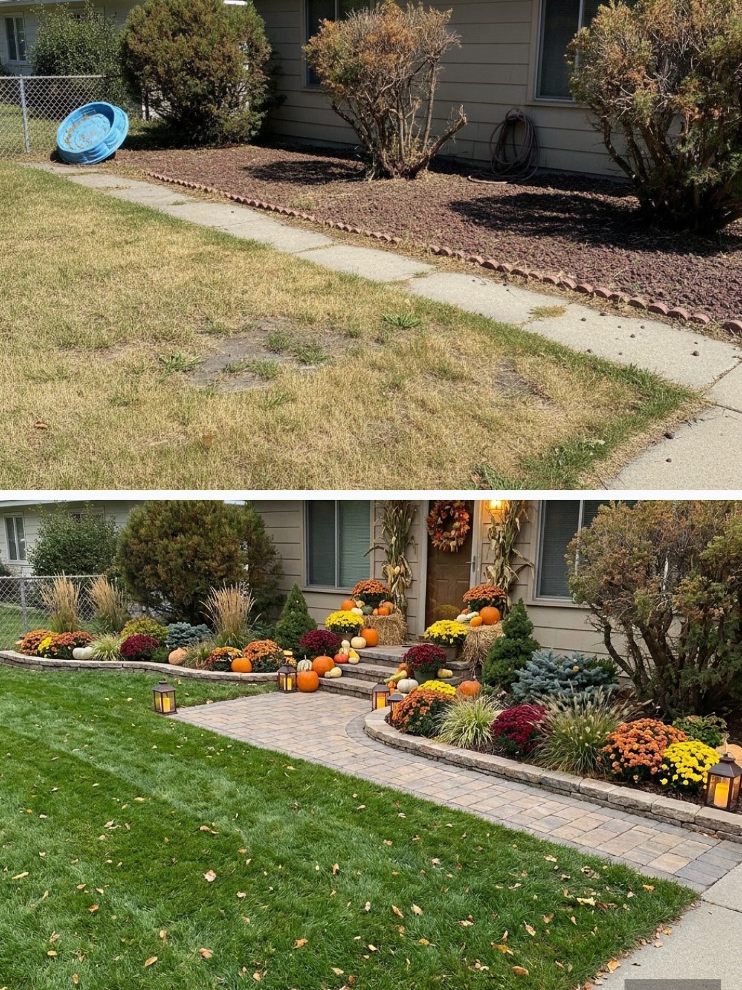 Before and after: yard remixed into Pumpkin Porch with YardRemix AI