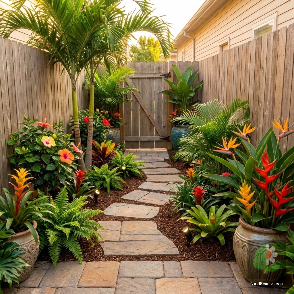 After: the yard remixed into Tropical Paradise by YardRemix AI
