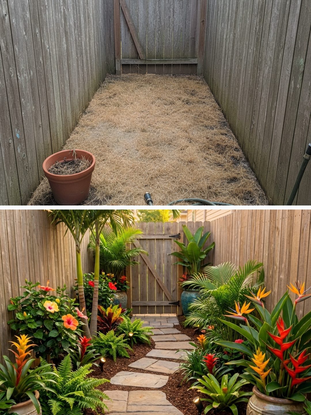 Before and after: yard remixed into Tropical Paradise with YardRemix AI