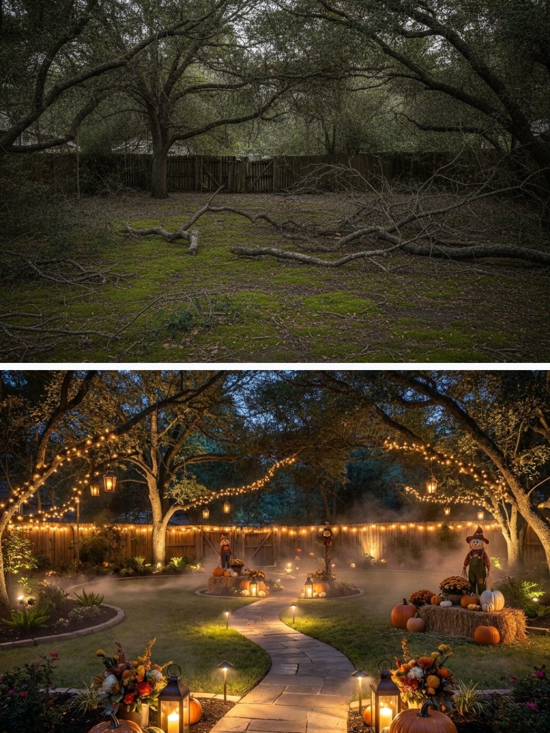 Before and after: yard remixed into Spooky Season with YardRemix AI