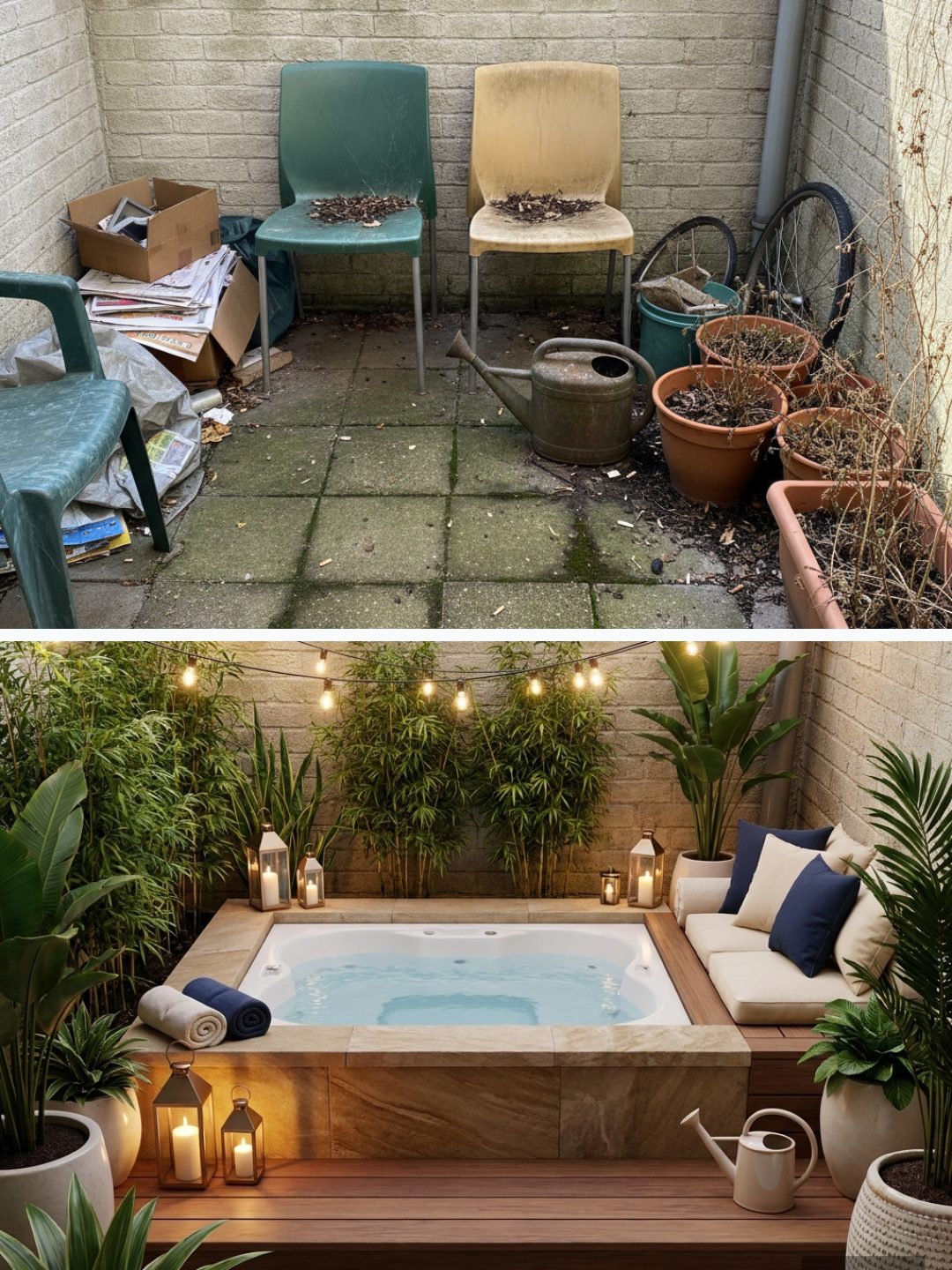 Before and after: yard remixed into Luxury Spa with YardRemix AI