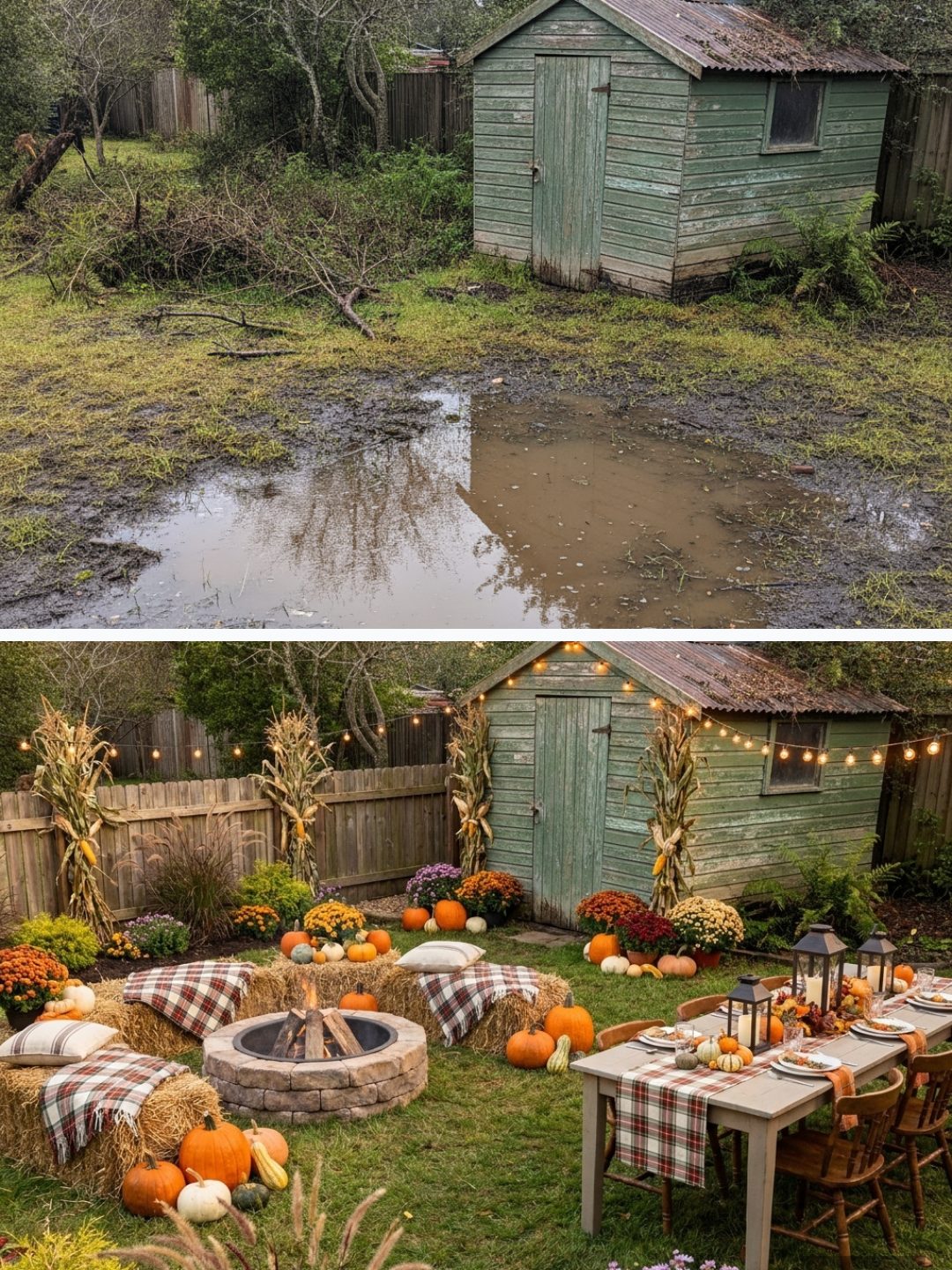 Before and after: yard remixed into Harvest Gathering with YardRemix AI