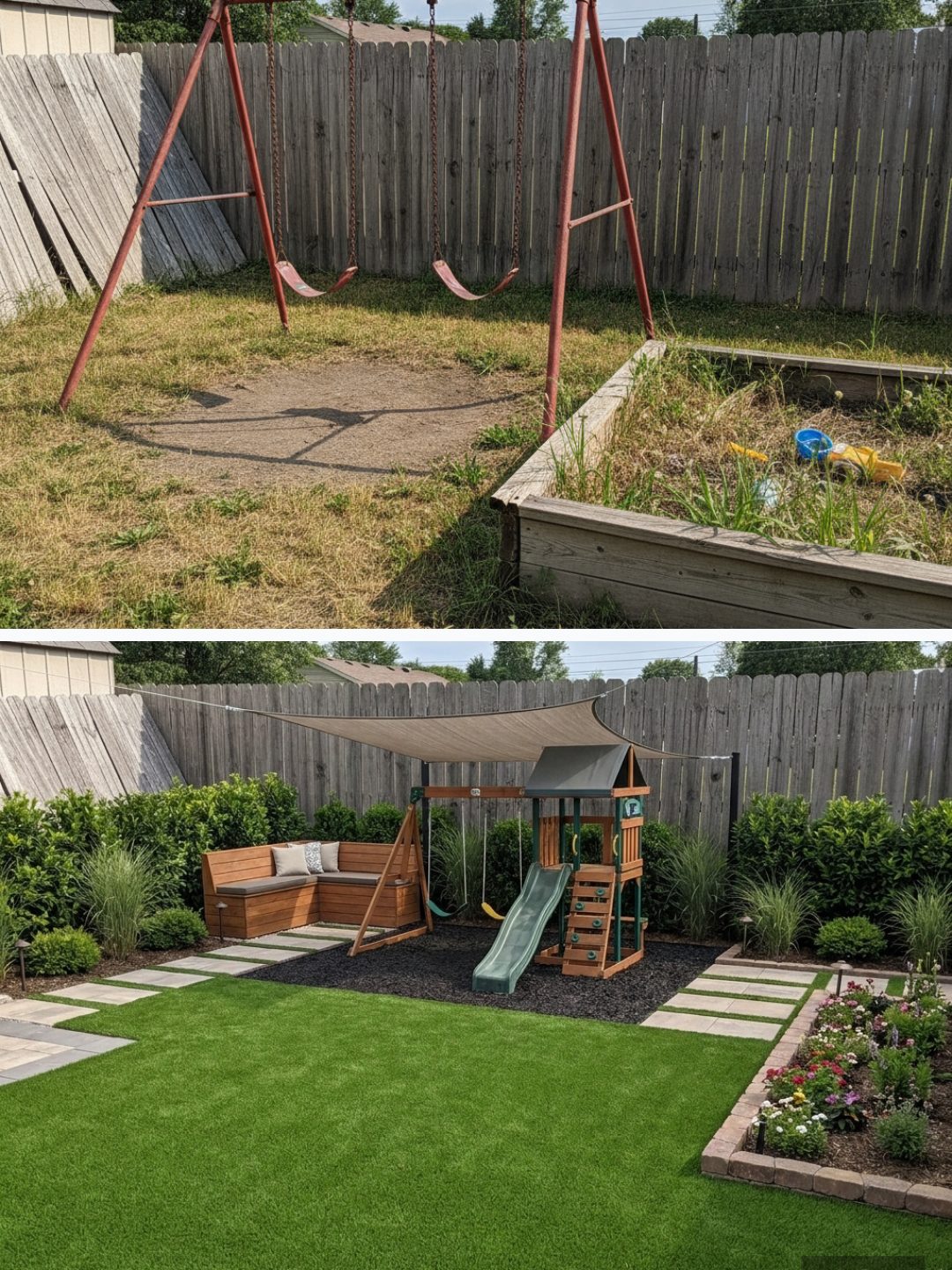 Before and after: yard remixed into Family Play Area with YardRemix AI