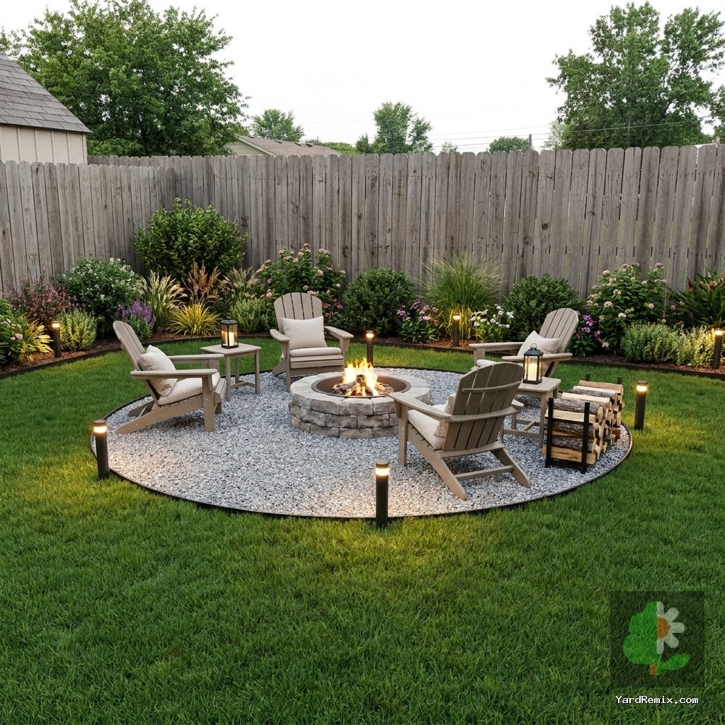 After: the yard remixed into Cozy Fire Pit by YardRemix AI