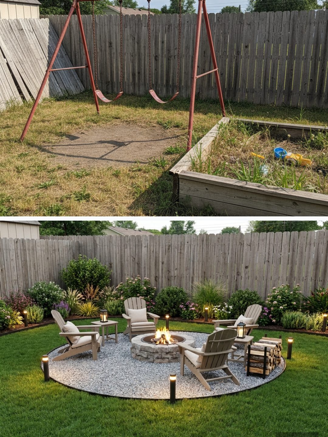 Before and after: yard remixed into Cozy Fire Pit with YardRemix AI