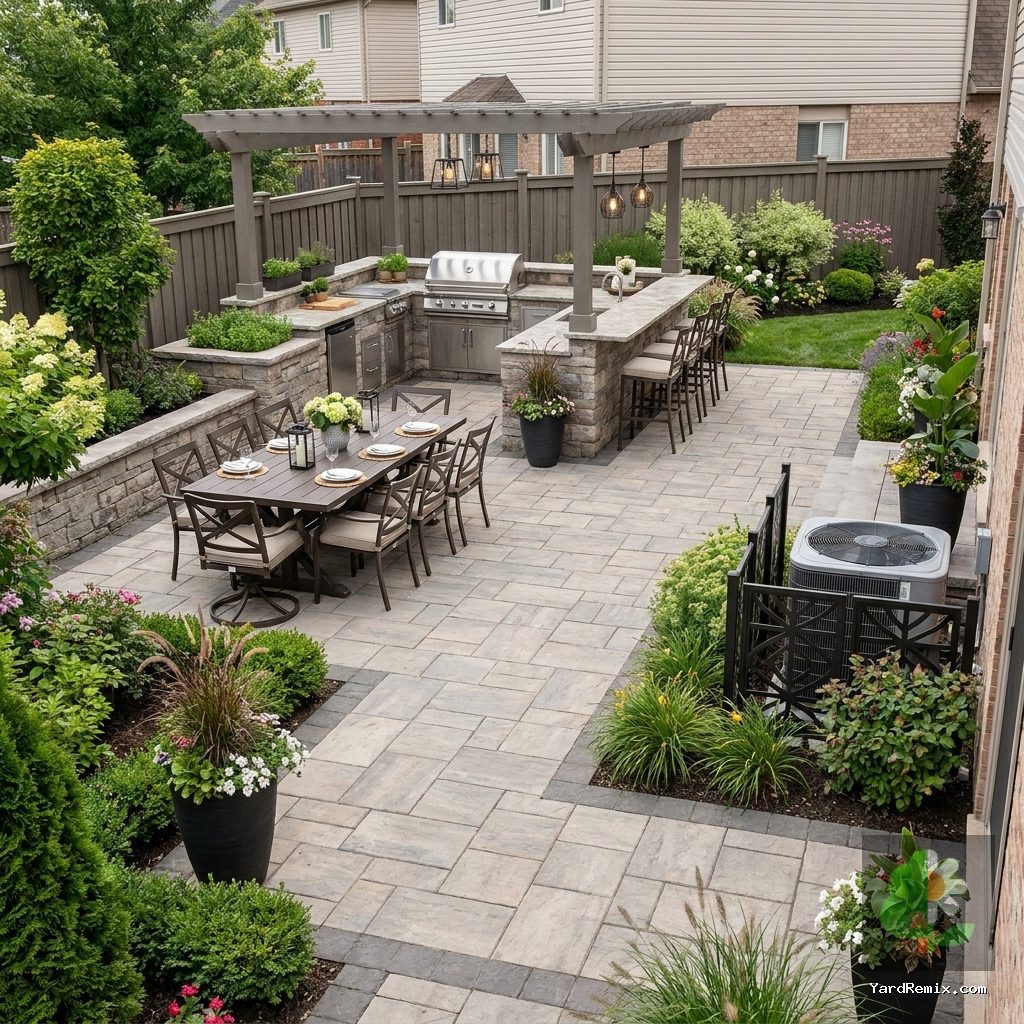 After: the yard remixed into Outdoor Kitchen by YardRemix AI