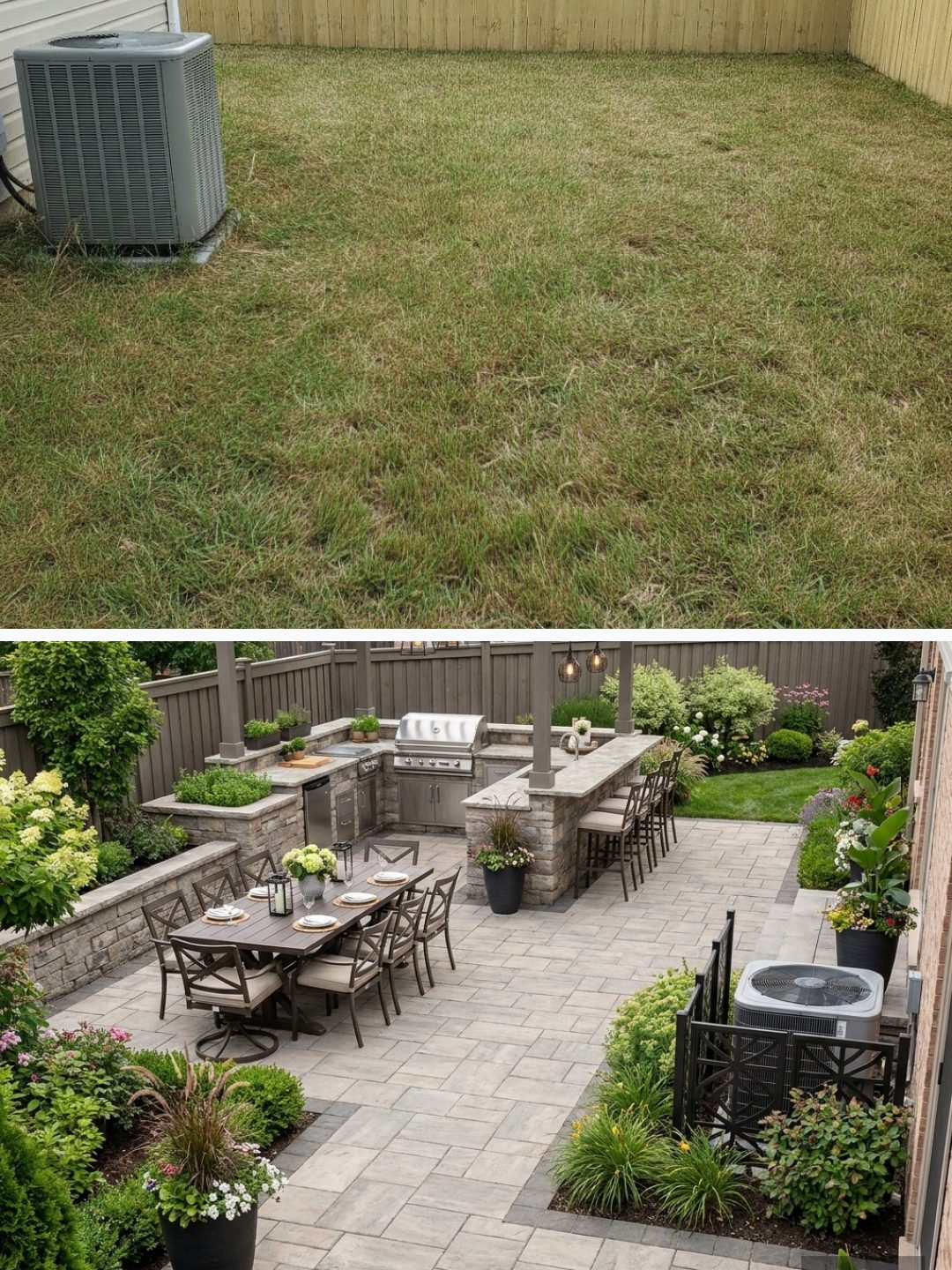 Before and after: yard remixed into Outdoor Kitchen with YardRemix AI