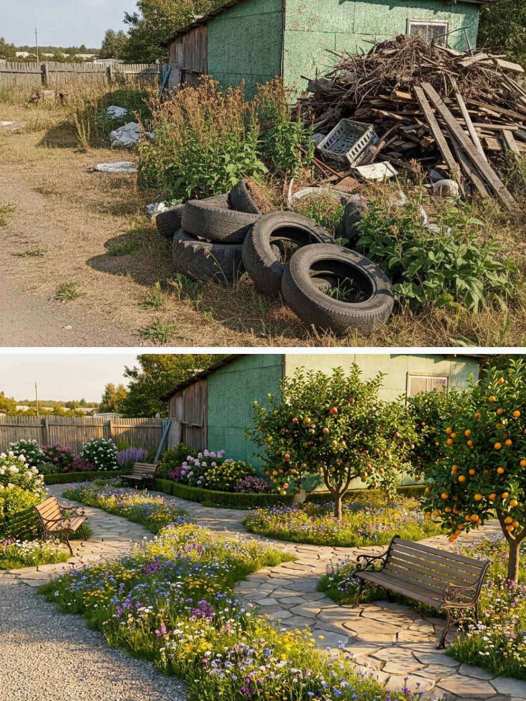 Before and after: yard remixed into Orchard Grove with YardRemix AI