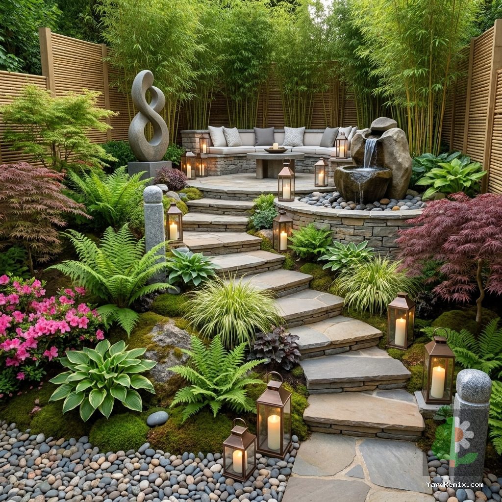 After: the yard remixed into Meditation Retreat by YardRemix AI