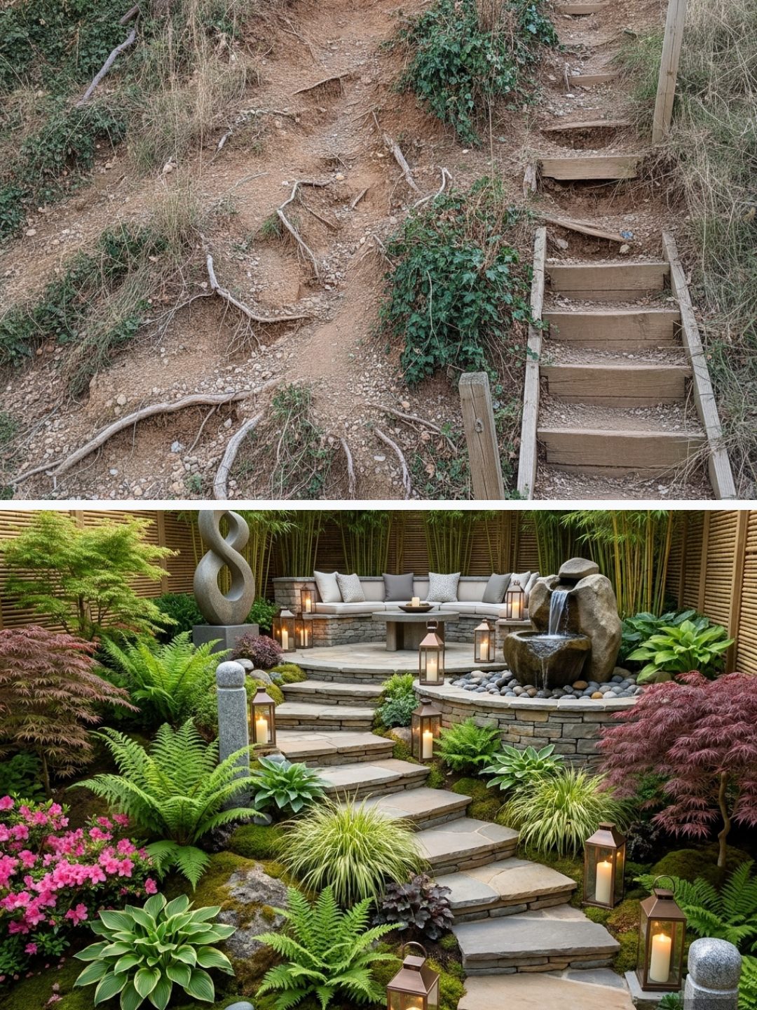 Before and after: yard remixed into Meditation Retreat with YardRemix AI