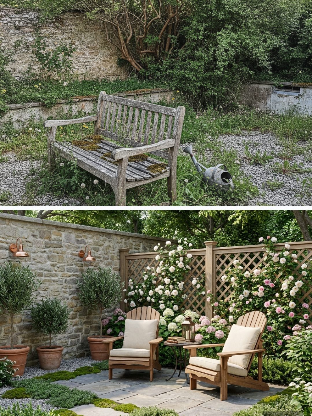 Before and after: yard remixed into Quiet Reading Nook with YardRemix AI