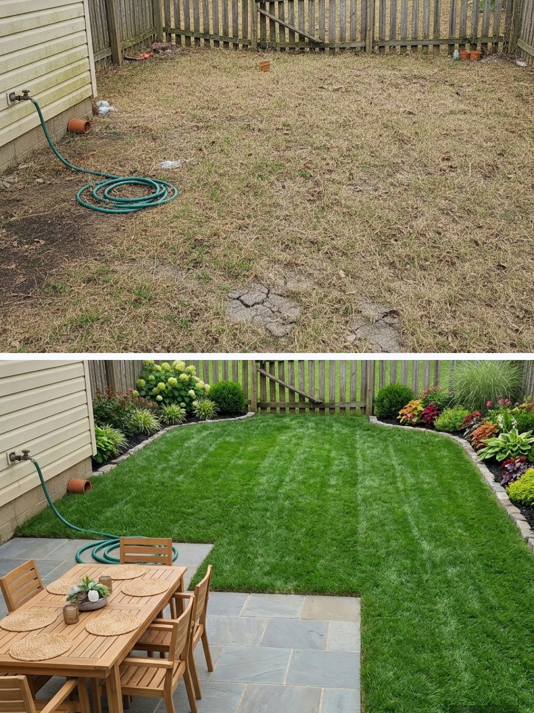 Before and after: yard remixed into AI yard makeover with YardRemix AI