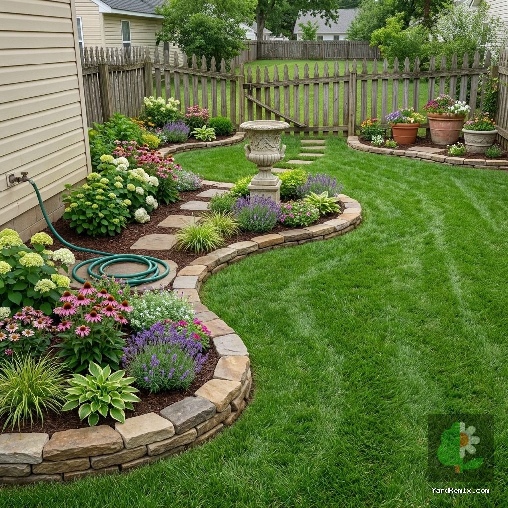 After: the yard remixed into Lush Garden Beds by YardRemix AI
