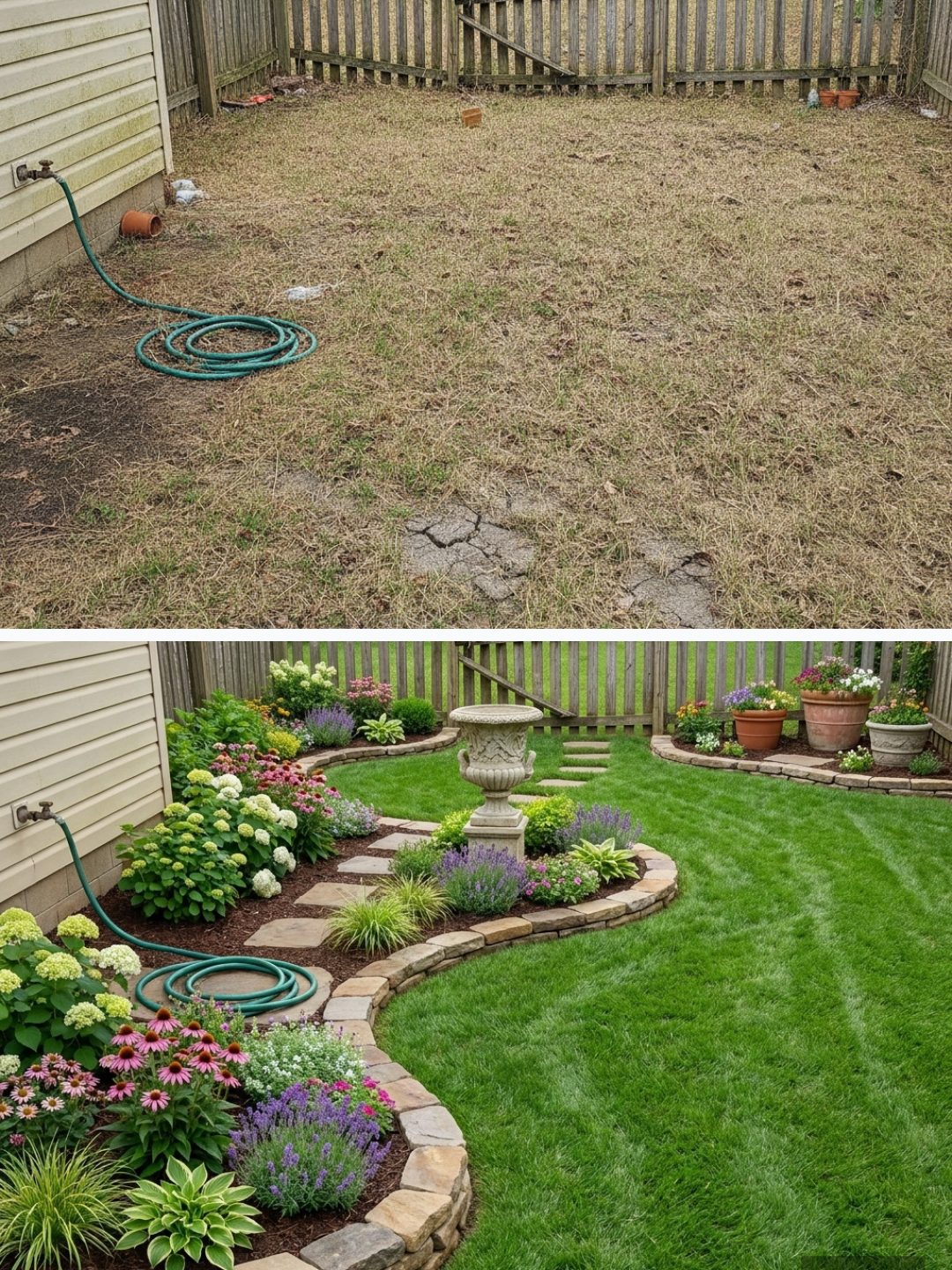 Before and after: yard remixed into Lush Garden Beds with YardRemix AI