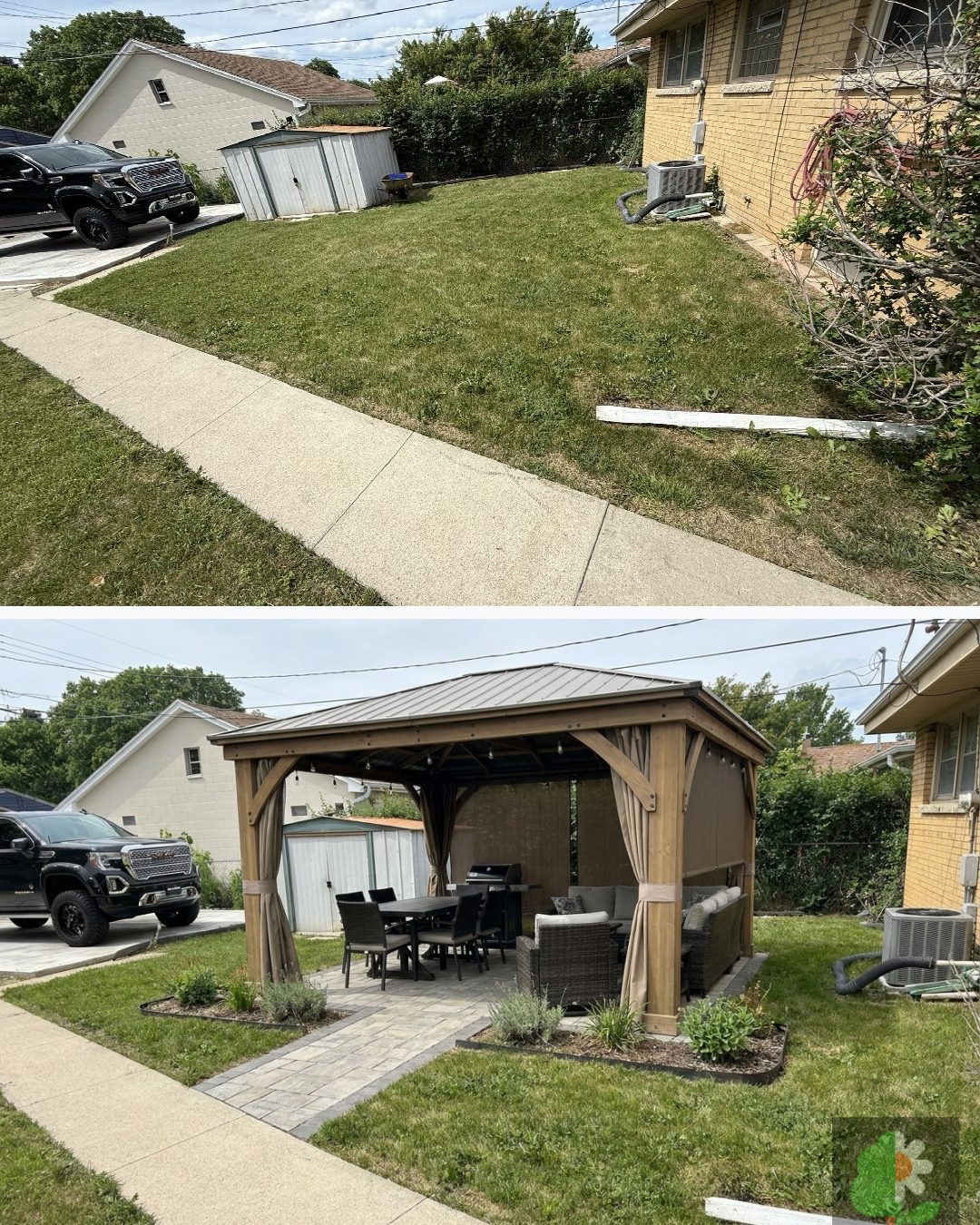 Before and after: yard remixed into AI yard makeover with YardRemix AI