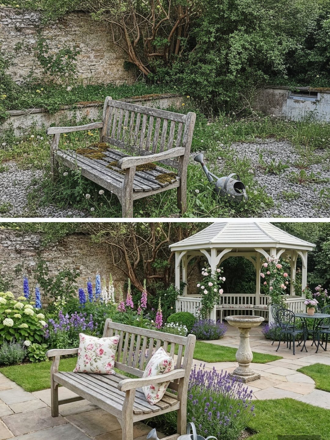 Before and after: yard remixed into English Tea Garden with YardRemix AI