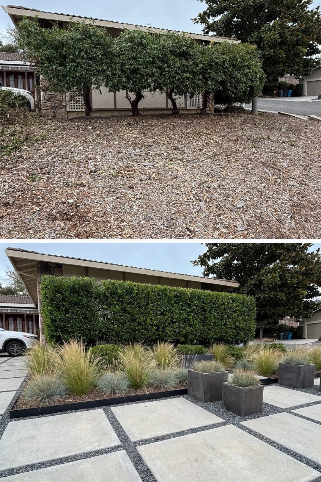 Before and after: yard remixed into Modern Minimalist with YardRemix AI
