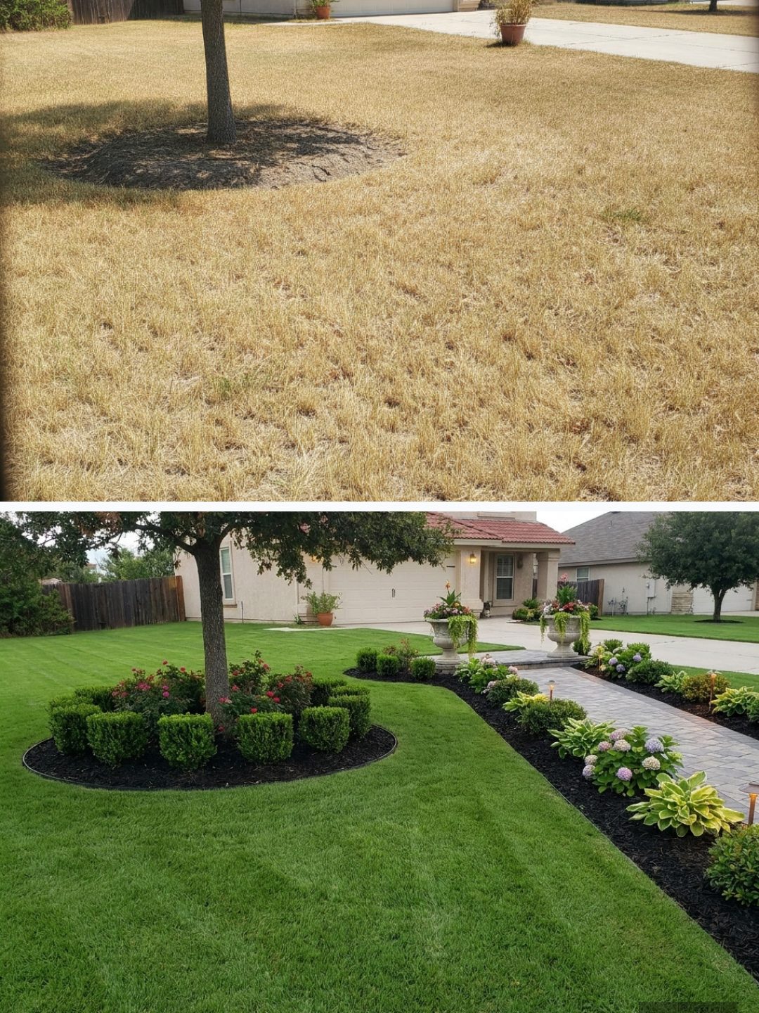 Before and after: yard remixed into Professional Curb Appeal with YardRemix AI