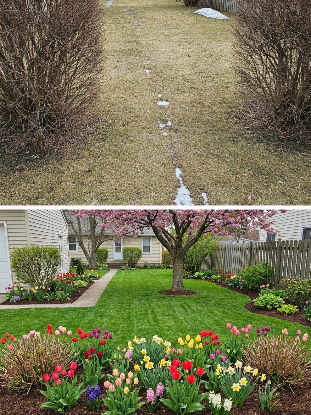 Before and after: yard remixed into Spring Bloom with YardRemix AI