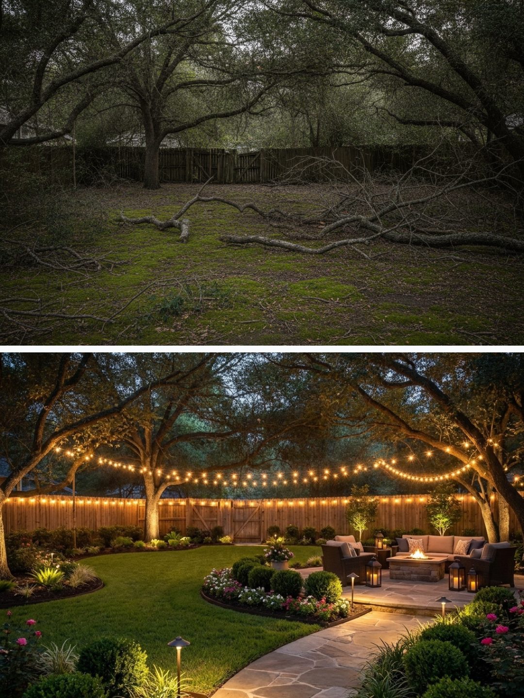 Before and after: yard remixed into Elegant Night with YardRemix AI