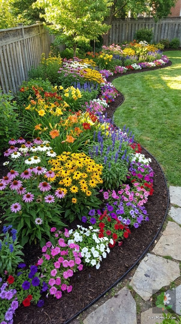 After: the yard remixed into Flower Beds by YardRemix AI
