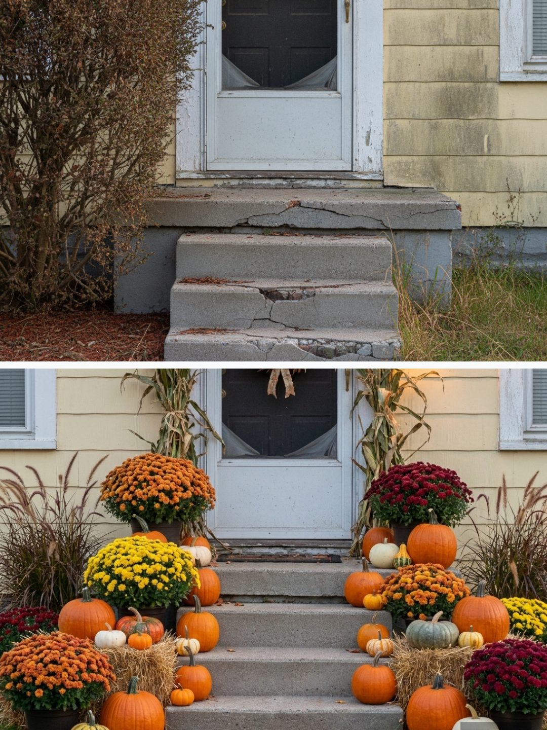 Before and after: yard remixed into Pumpkin Porch with YardRemix AI