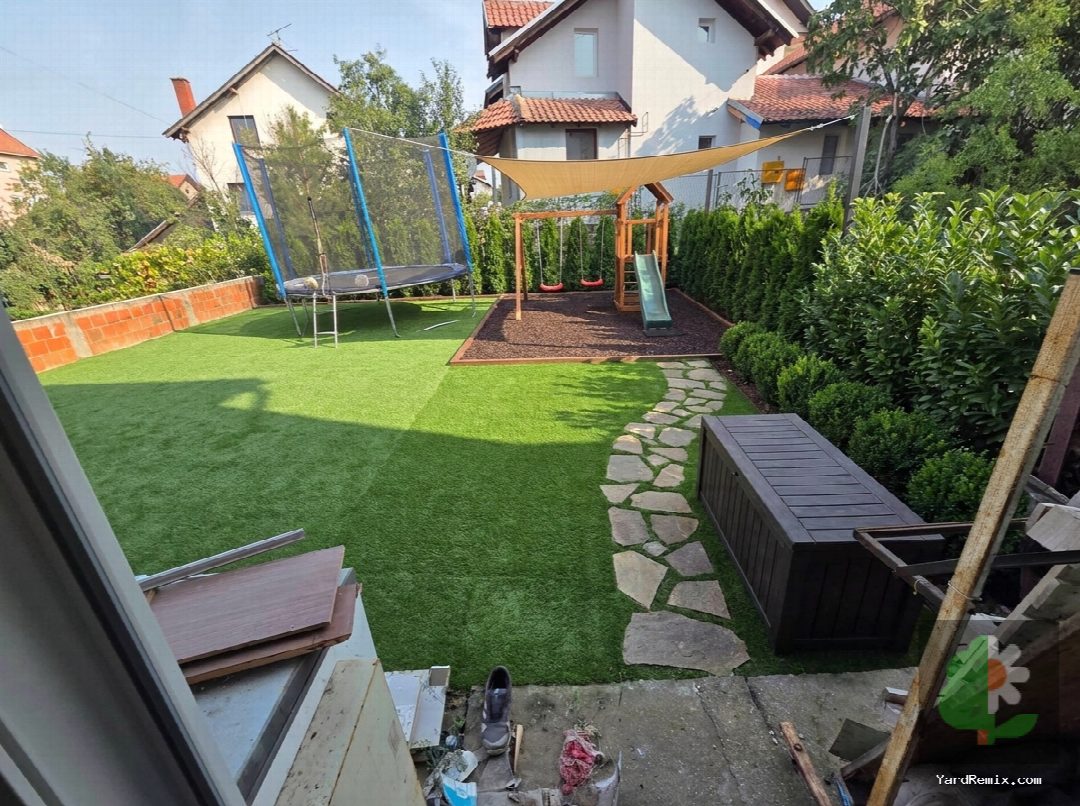 After: the yard remixed into Family Play Area by YardRemix AI