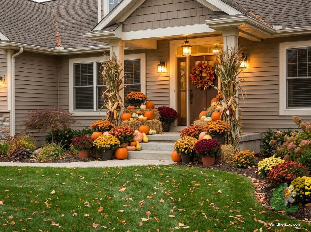 After: the yard remixed into Pumpkin Porch by YardRemix AI