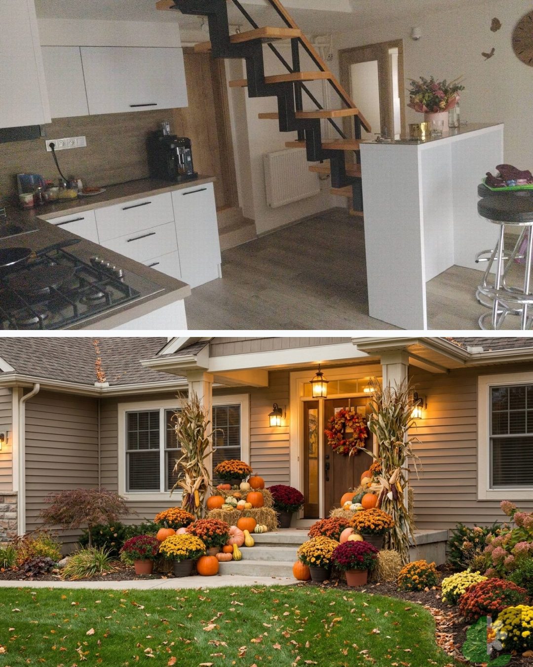 Before and after: yard remixed into Pumpkin Porch with YardRemix AI