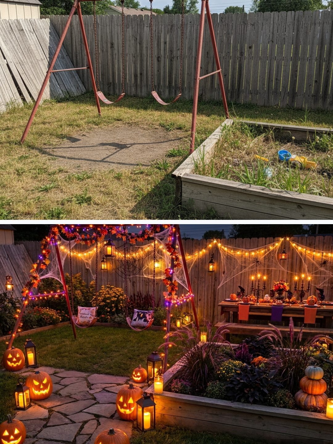 Before and after: yard remixed into Halloween Party with YardRemix AI