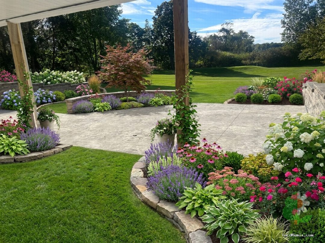After: the yard remixed into Lush Garden Beds by YardRemix AI