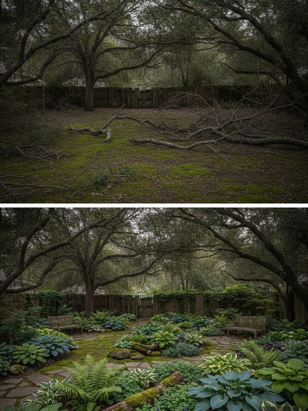 Before and after: yard remixed into Hostas & Ferns with YardRemix AI