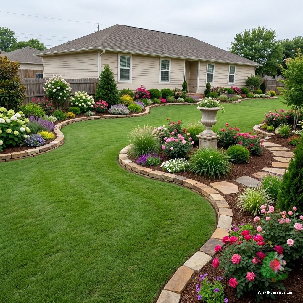 After: the yard remixed into Lush Garden Beds by YardRemix AI