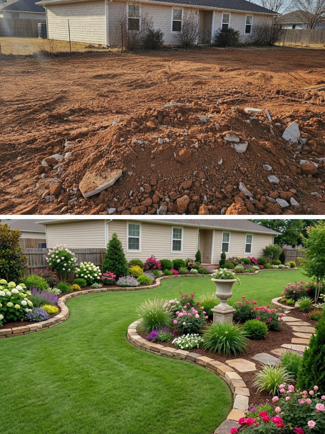 Before and after: yard remixed into Lush Garden Beds with YardRemix AI
