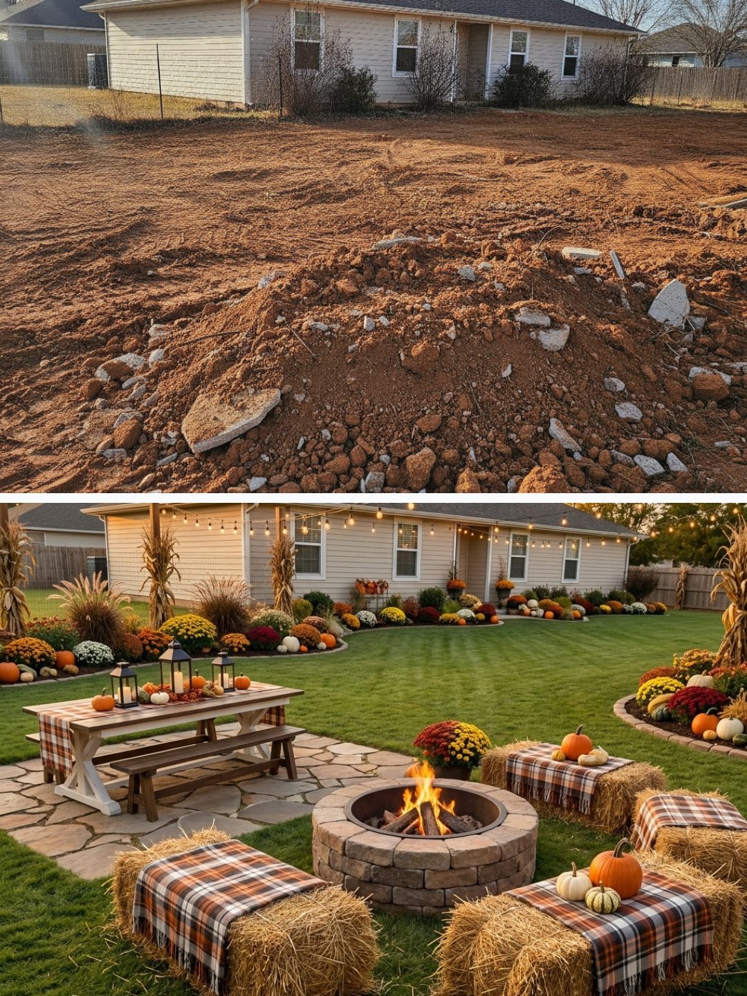 Before and after: yard remixed into Harvest Gathering with YardRemix AI