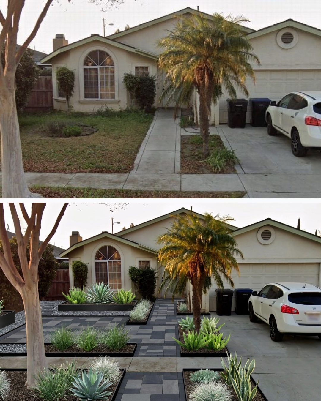 Before and after: yard remixed into Contemporary Chic with YardRemix AI