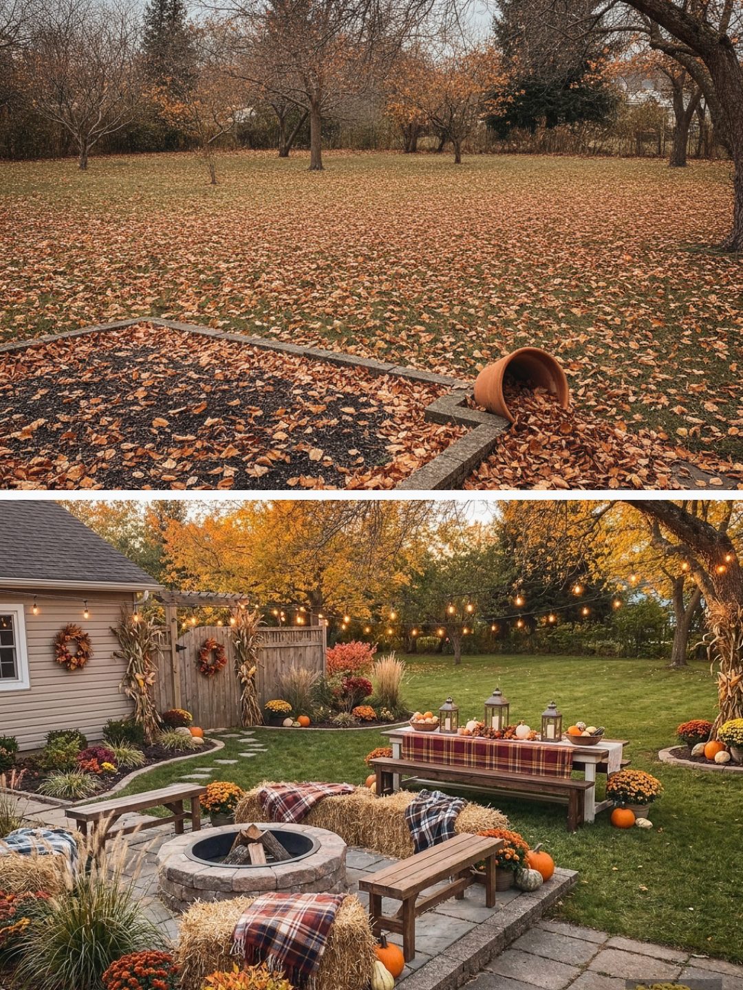 Before and after: yard remixed into Harvest Gathering with YardRemix AI