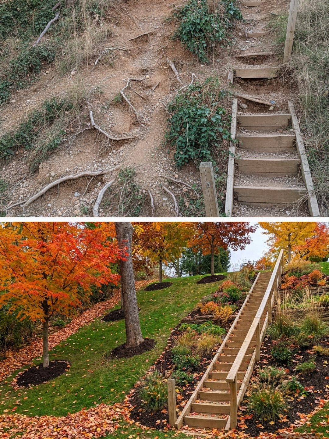 Before and after: yard remixed into Fall Foliage Trees with YardRemix AI