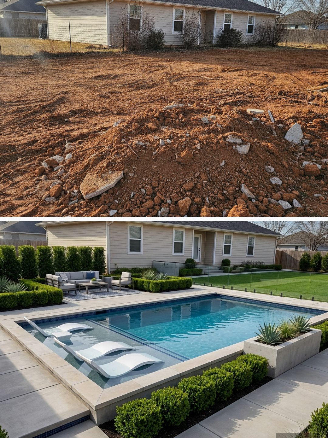 Before and after: yard remixed into Modern Poolscape with YardRemix AI